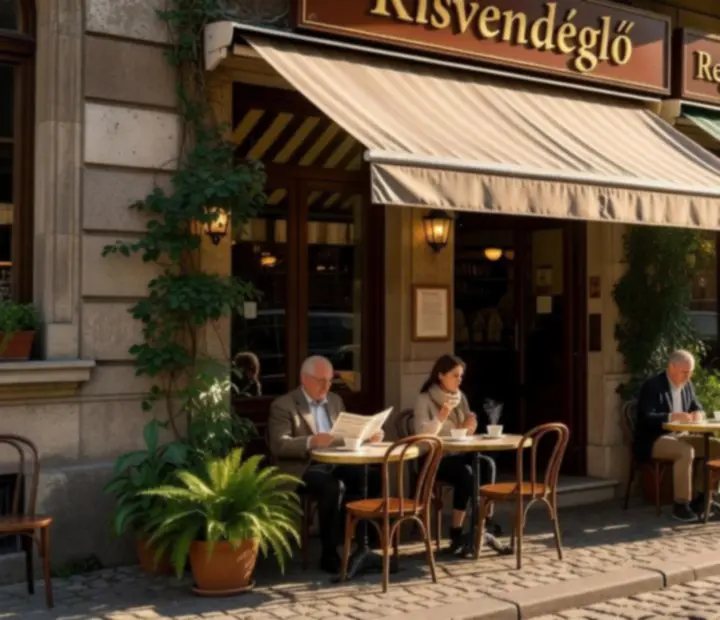 Urbanprogramok, egy felújított szomszédos bisztró napsütötte külseje Budapest